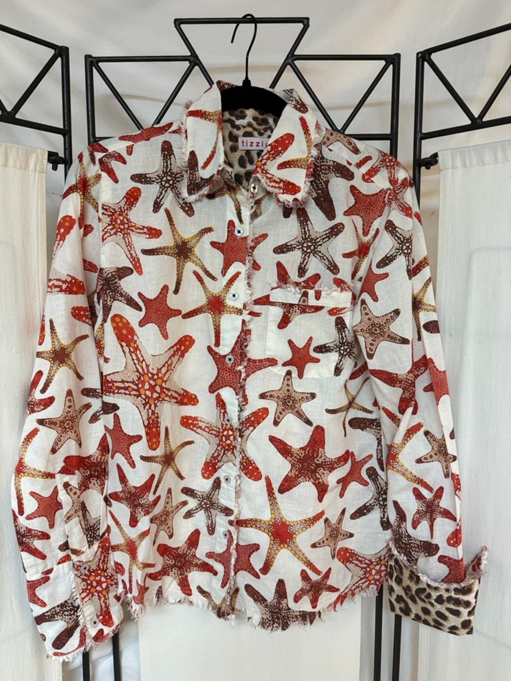 Tizzini Starfish Print Button-Up Shirt - White with Rust & Brown Stars